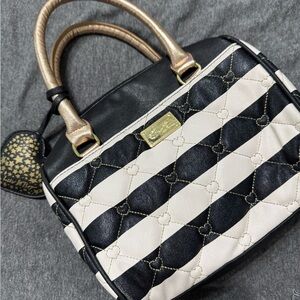 Betsey Johnson Chic Black, Gold and Cream Striped Handbag with Heart